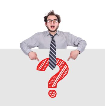 businessman pointing to poster with question mark