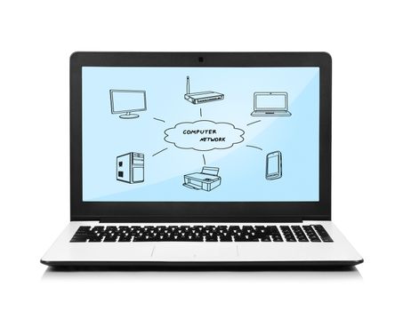laptop with computer network on screen on white background