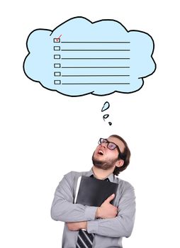 accountant and speech bubbles with checklist over head