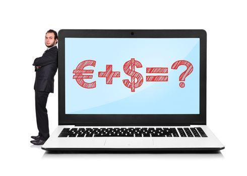Businessman leaning on a laptop with business formula