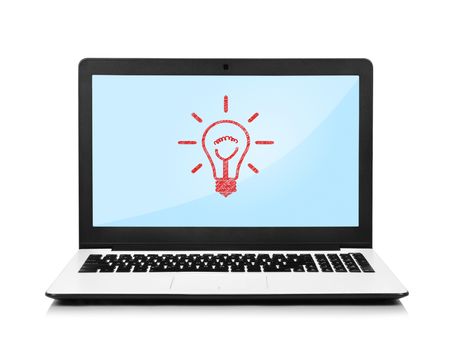 laptop with lamp on screen on white background