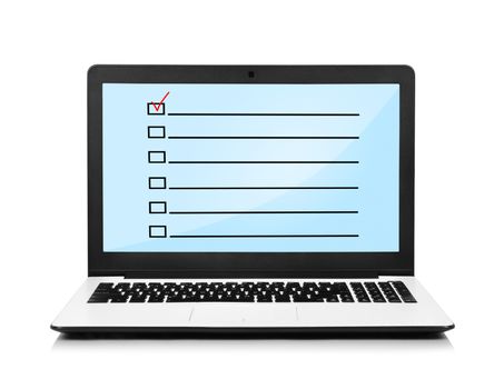 laptop with check box on screen on white background