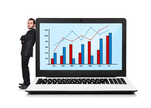 Businessman leaning on a laptop with chart