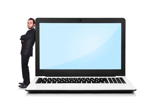 Businessman leaning on a laptop  on white background