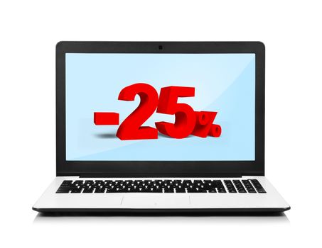 laptop with discount on screen on white background