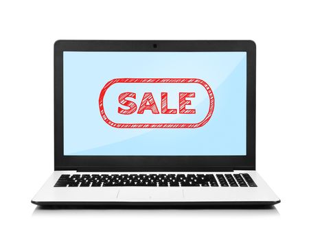 laptop with sale on screen on white background