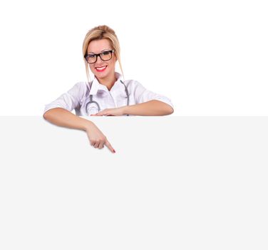 young female doctor pointing to blank  poster