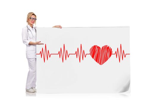 female doctor holding poster with drawing electrocardiogram and heart