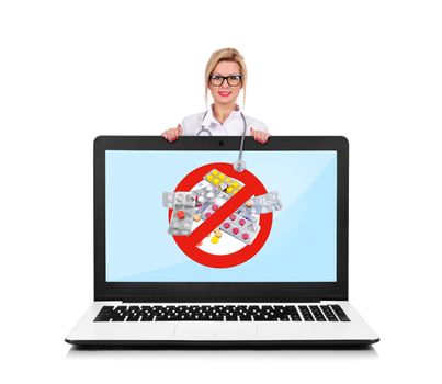 young female doctor with and laptop with stop drugs symbol