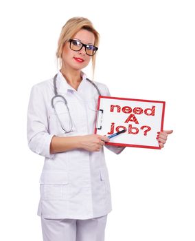 female doctor holding cloipboard with drawing need a job