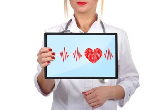 young female doctor with heartbeat on touch pad