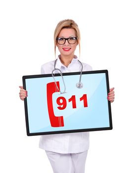 doctor pointing at 911 symbol on touchpad