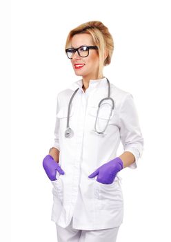 happy female doctor  on a white background