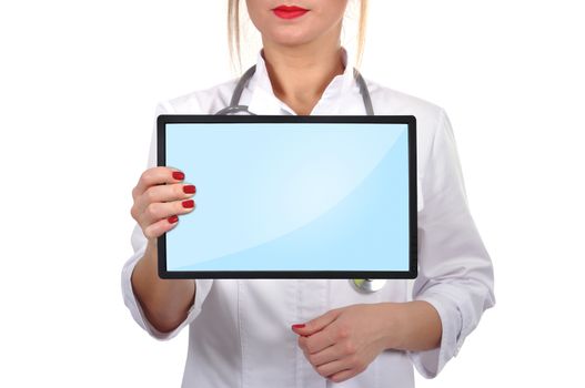 young female doctor with touch pad