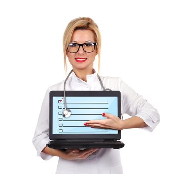 young female doctor holding notebook with check box