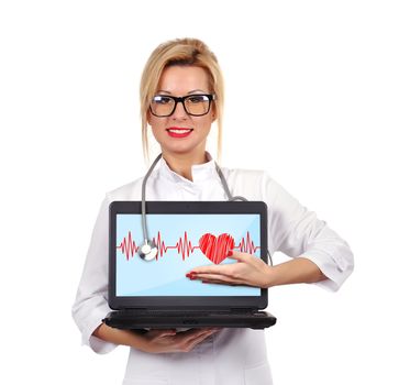 young female doctor holding notebook with pulsating