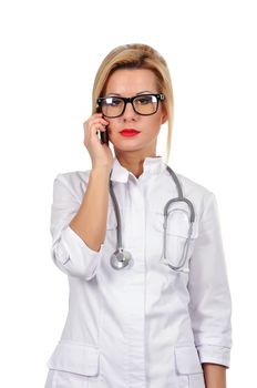 happy female doctor with phone on a white background