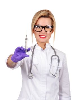 happy female doctor with syringe on a white background