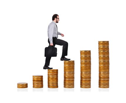 businessman climbing up  on chart of gold coins