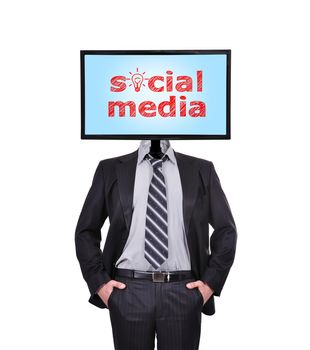businessman and monitor with social media for a head