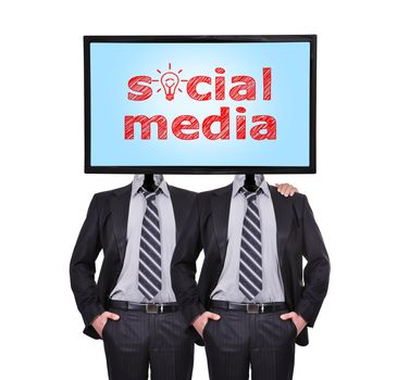 two businessmen with a monitor for a head, social media concept