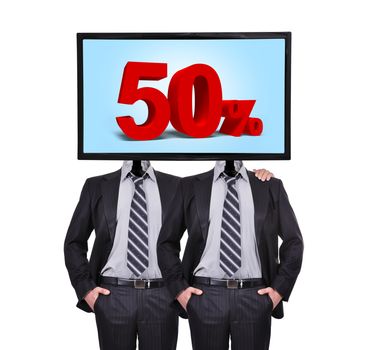 two businessmen standing with a monitor for a head, discount concept