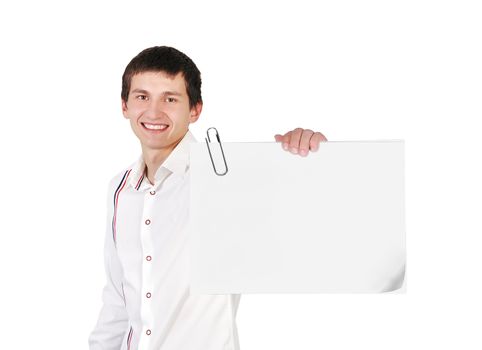 young guy holding blank poster