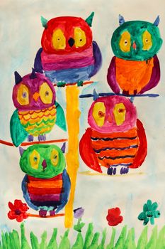 Multicolored children's drawing with some nice fairy owls