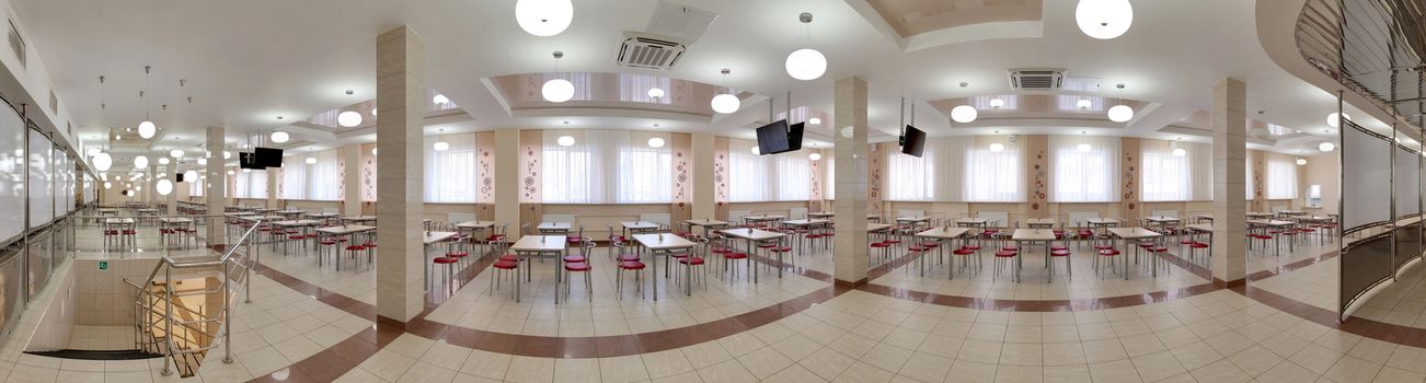 panorama of big cafe with a set of tables