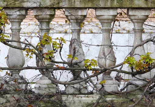 Ornate carved gray stone fence dry amber.