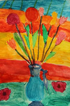 Children's drawing with blue pitcher with flowers on the colorful background