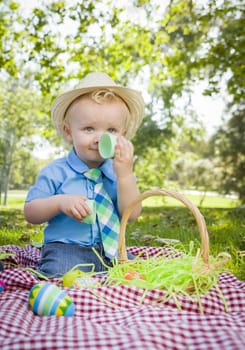 Cute Little Boy Wearing Hat Enjoying His Easter Eggs on Picnic Blanket Outside in the Park.