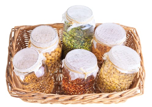 Basket of Soaked Sprouting Seeds Isolated on White Background