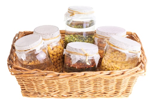 Basket of Soaked Sprouting Seeds Isolated on White Background