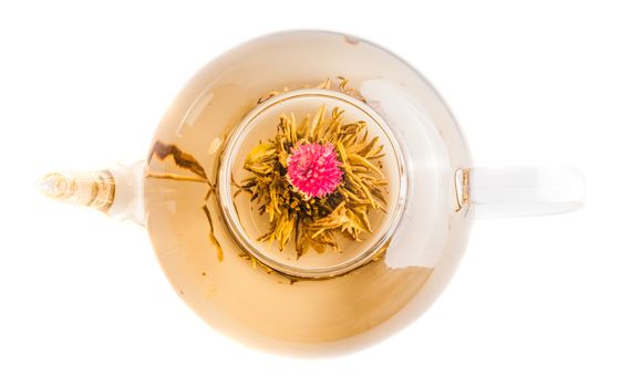 Studio shot of Tea Flower in a Clear Teapot Isolated on White Background