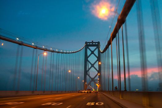 Suspension bridge at dusk, Bay Bridge, San Francisco Bay, San Francisco, California, USA