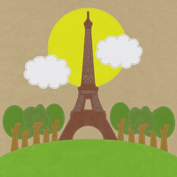 Eiffel tower, Paris. France in stitch style on fabric background