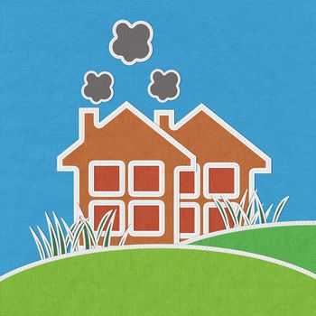 Factory on green grass  with stitch style on fabric background