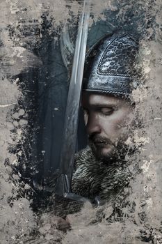 Viking warrior with helmet over vintage textured background