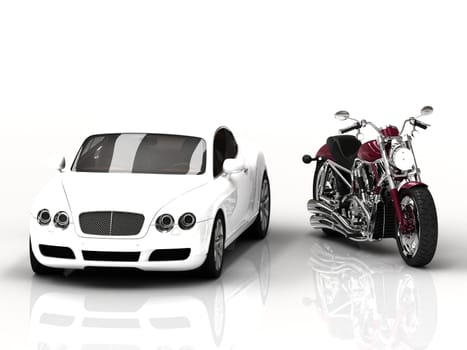 White beautiful motor vehicle and powerful motorcycle on white background. 3D type frontal