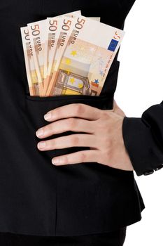Business woman with euro currency notes on the pockets, isolated over a white background