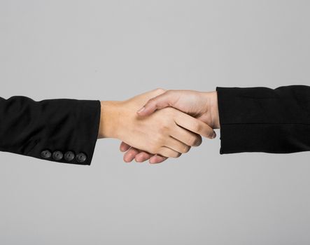 Hands giving a handshake over a gray background