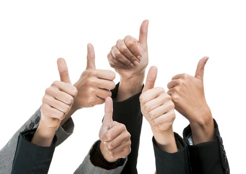 Sucess concept with hands making thumbs up over a white background 
