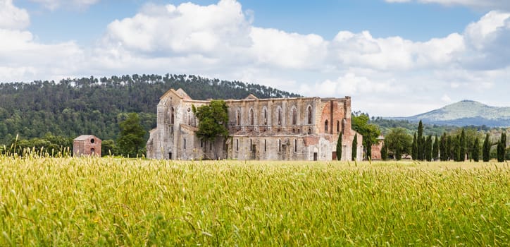 Italy, Tuscany region. Medieval San Galgano Abbey.