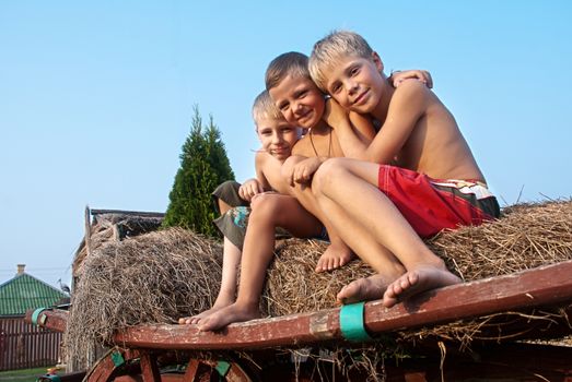 boys sitting on a hay bale on sky background 