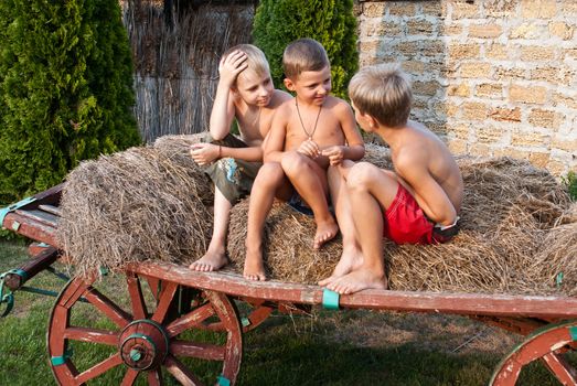 boys sitting on a hay bale