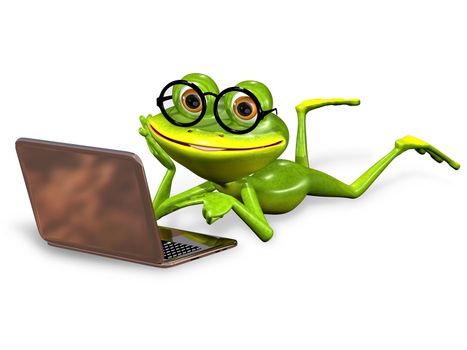 3d illustration merry green frog with notebook