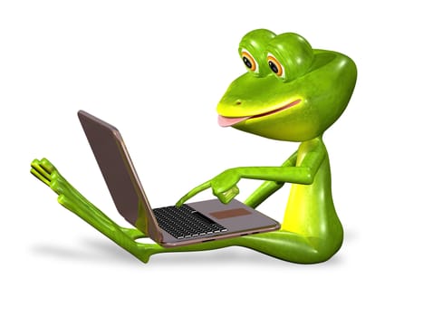 3d illustration merry green frog with notebook