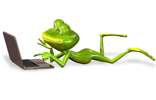 3d illustration merry green frog with notebook