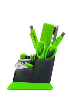 green desk organizer on a white background